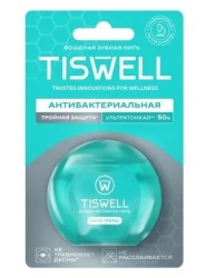 Зубная нить Tiswell вощеная ультратонкая антибактериальная тройная защита со вкусом мяты 50 мл